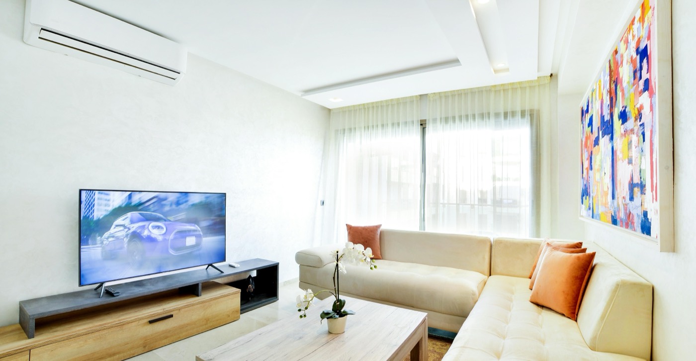 Living room, virtually staged with furniture